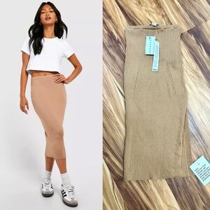 Topshop Tan Ribbed Midi Skirt